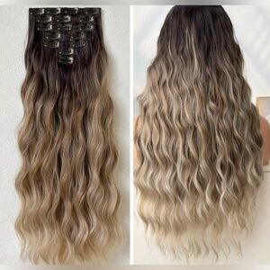 Water Wave  Brown to Ash Blonde Balayage Clip in  Hair Extensions Set